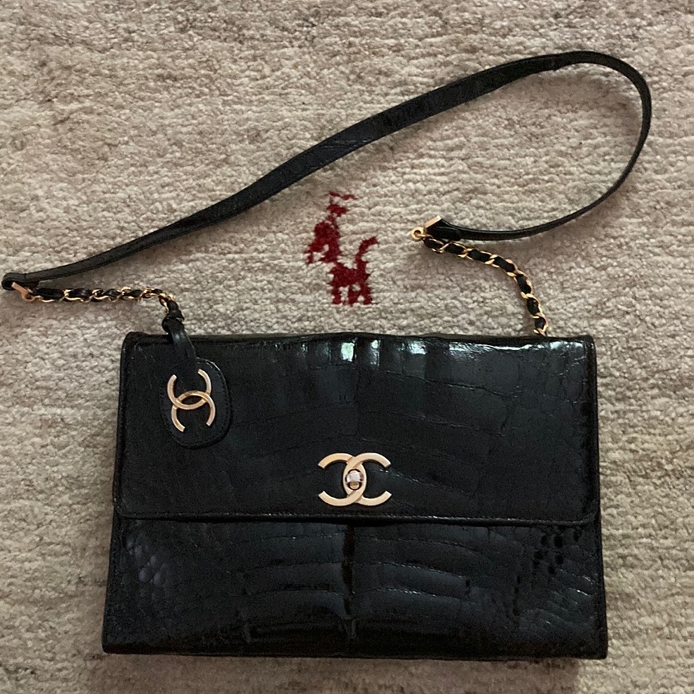 AUTHENTIC CHANEL RARE VINTAGE REAL CROC/ALLIGATOR PATENT JUMBO CHAIN FLAP BAG 🐊